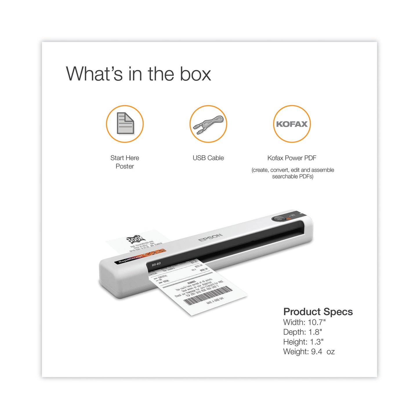 Epson® RapidReceipt RR-60 Scanner, Scans Up to 8.5 x 72, 600 dpi Optical Resolution (EPSB11B252204SE)