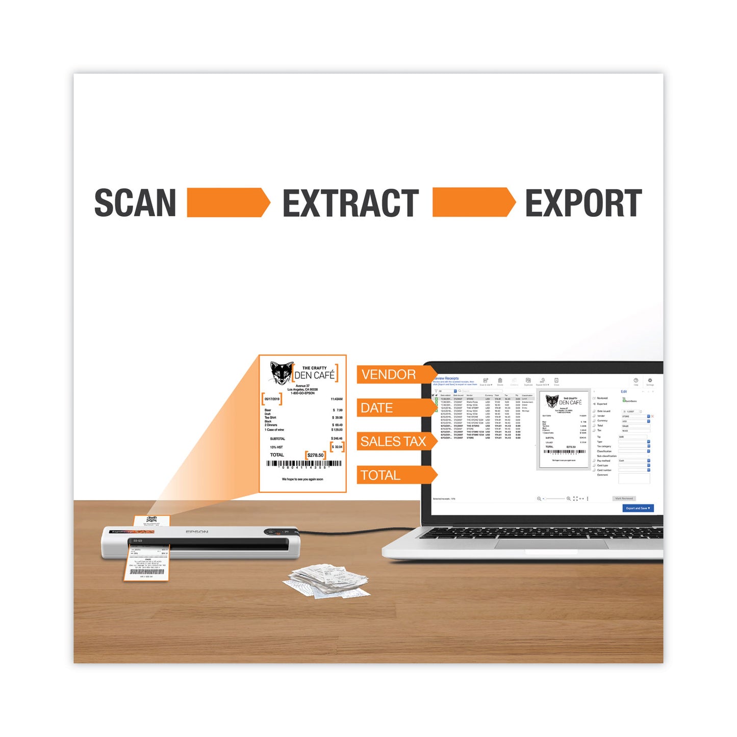 Epson® RapidReceipt RR-60 Scanner, Scans Up to 8.5 x 72, 600 dpi Optical Resolution (EPSB11B252204SE)