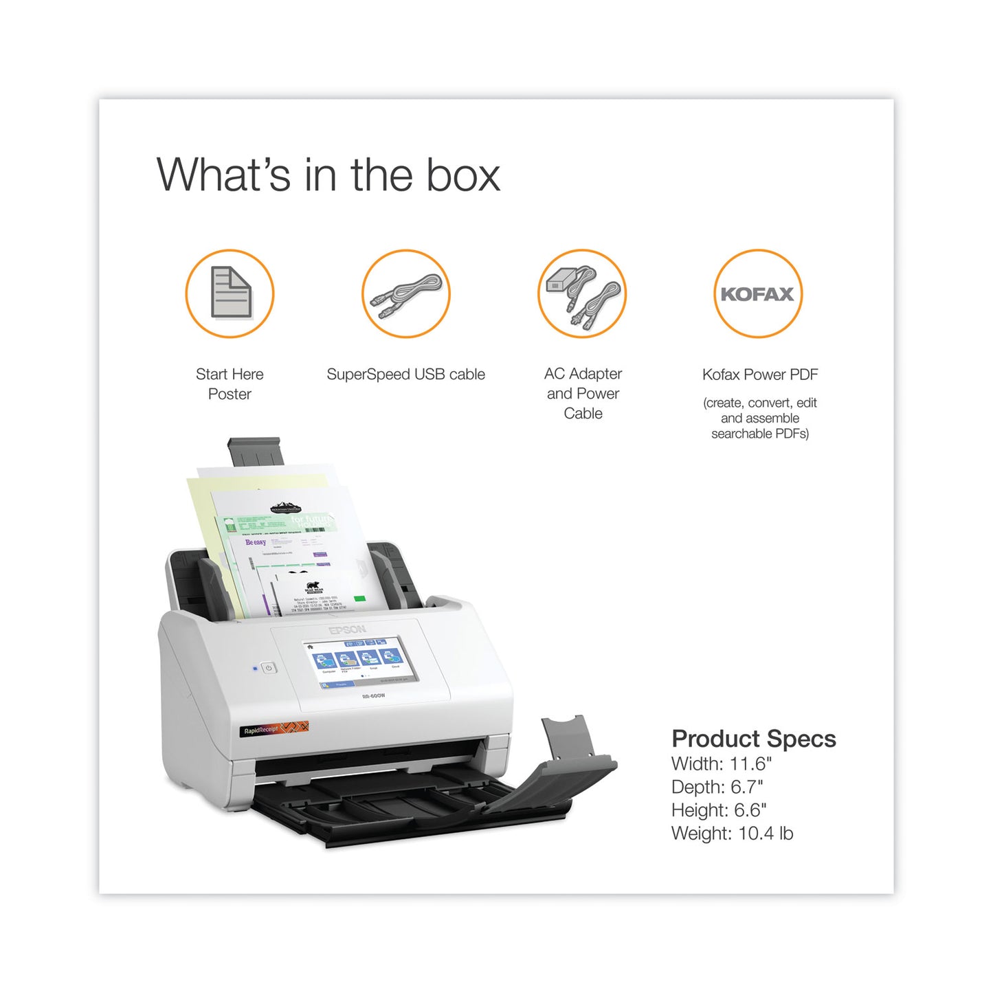 Epson® RapidReceipt RR-600W Scanner, Scans Up to 8.5 x 240, 600 dpi Optical Resolution (EPSB11B258202SE)