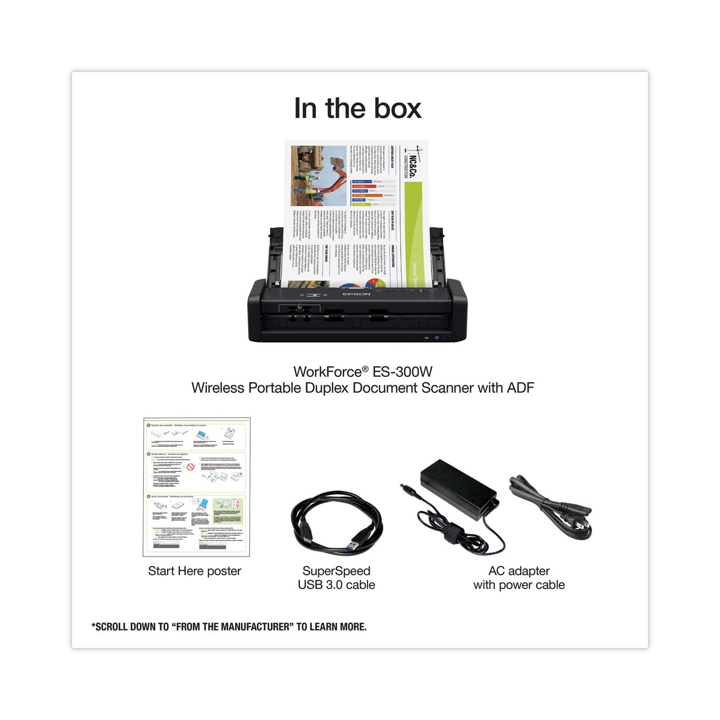 Epson® WorkForce ES-300W Wireless Scanner, Scans Up to 8.5 x 44, 600 dpi Optical Resolution (EPSB11B242201SE)