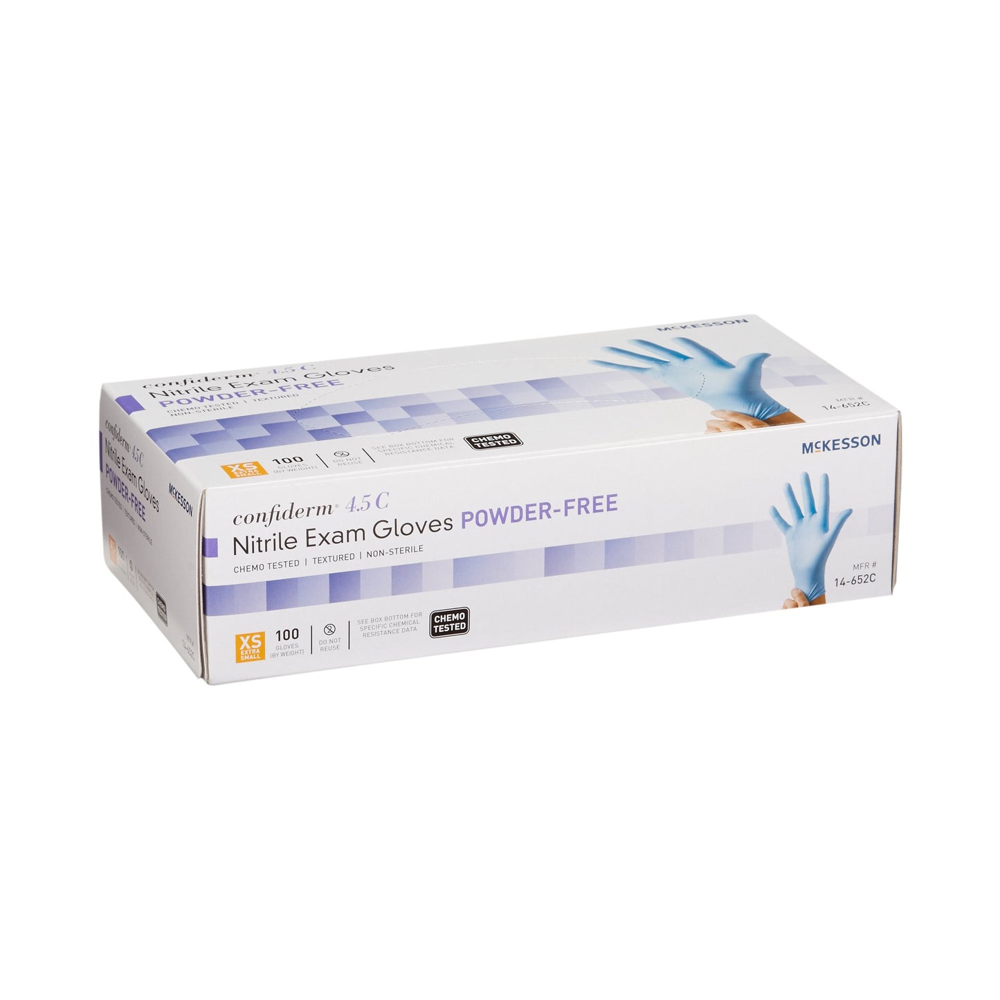 McKesson Confiderm® 4.5C Exam Glove X-Small NonSterile Nitrile Standard Cuff Length Textured Fingertips Blue Chemo Tested (921601_CS)