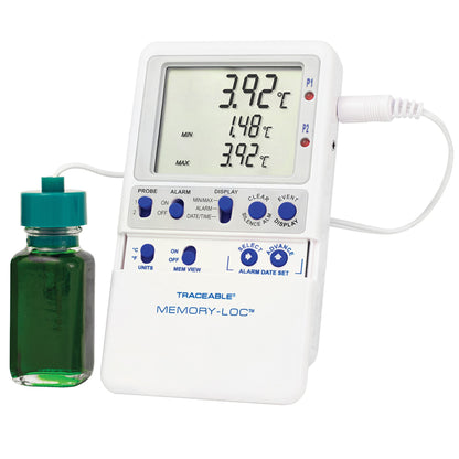 Traceable® Memory-Loc™ Refrigerator / Freezer Temperature Data Logger with Alarm Fahrenheit / Celsius -58° to +158°F (-50° to +70°C) Glycol Bottle Probe Multiple Mounting Options Battery Operated (922982_EA)