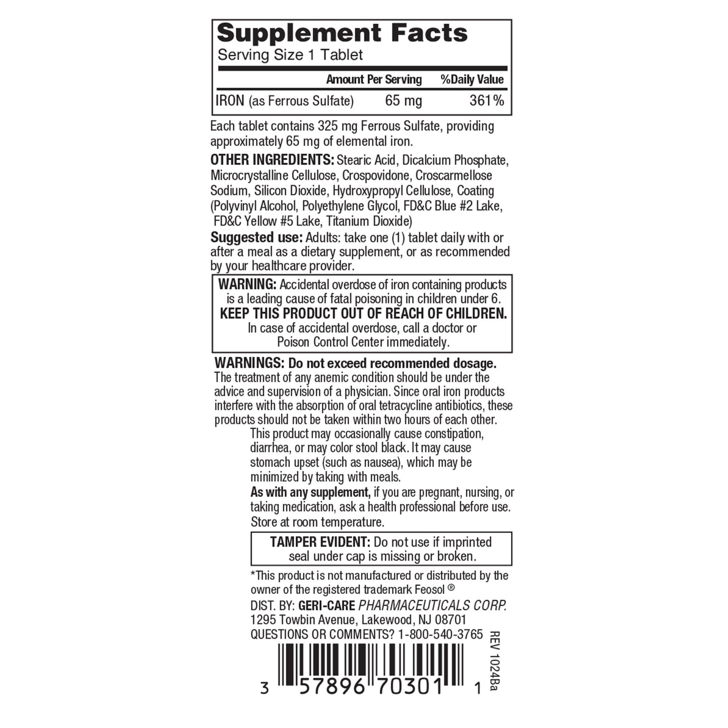Geri-Care® Mineral Supplement Iron 325 mg Strength Tablet 100 per Bottle (555697_CS)