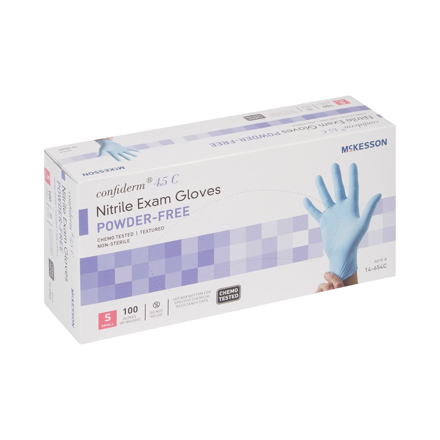 McKesson Confiderm® 4.5C Exam Glove Small NonSterile Nitrile Standard Cuff Length Textured Fingertips Blue Chemo Tested (921602_CS)