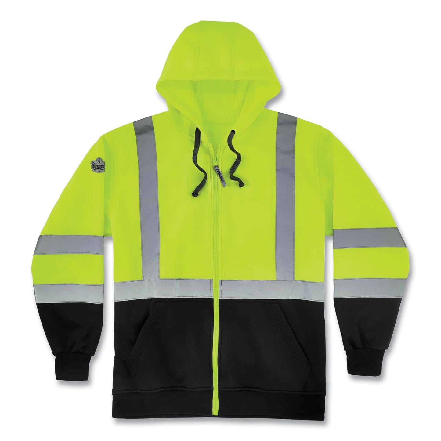 Ergodyne® GloWear 8372 ZipUp HiVis Class 3 Zip Hood Sweatshirt w/ Black Bottom, Polar Fleece, Lime, Medium (EGO21849)