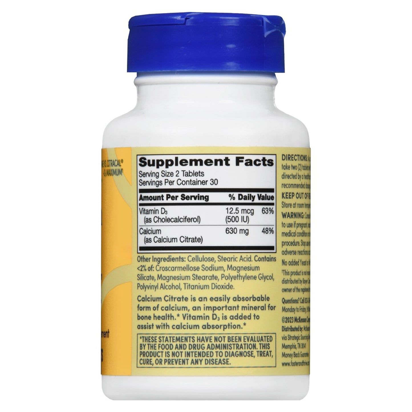 Foster & Thrive™ Joint Health Supplement Calcium Citrate / Vitamin D3 500 IU - 630 mg Strength Tablet 60 per Bottle (1246966_BT)