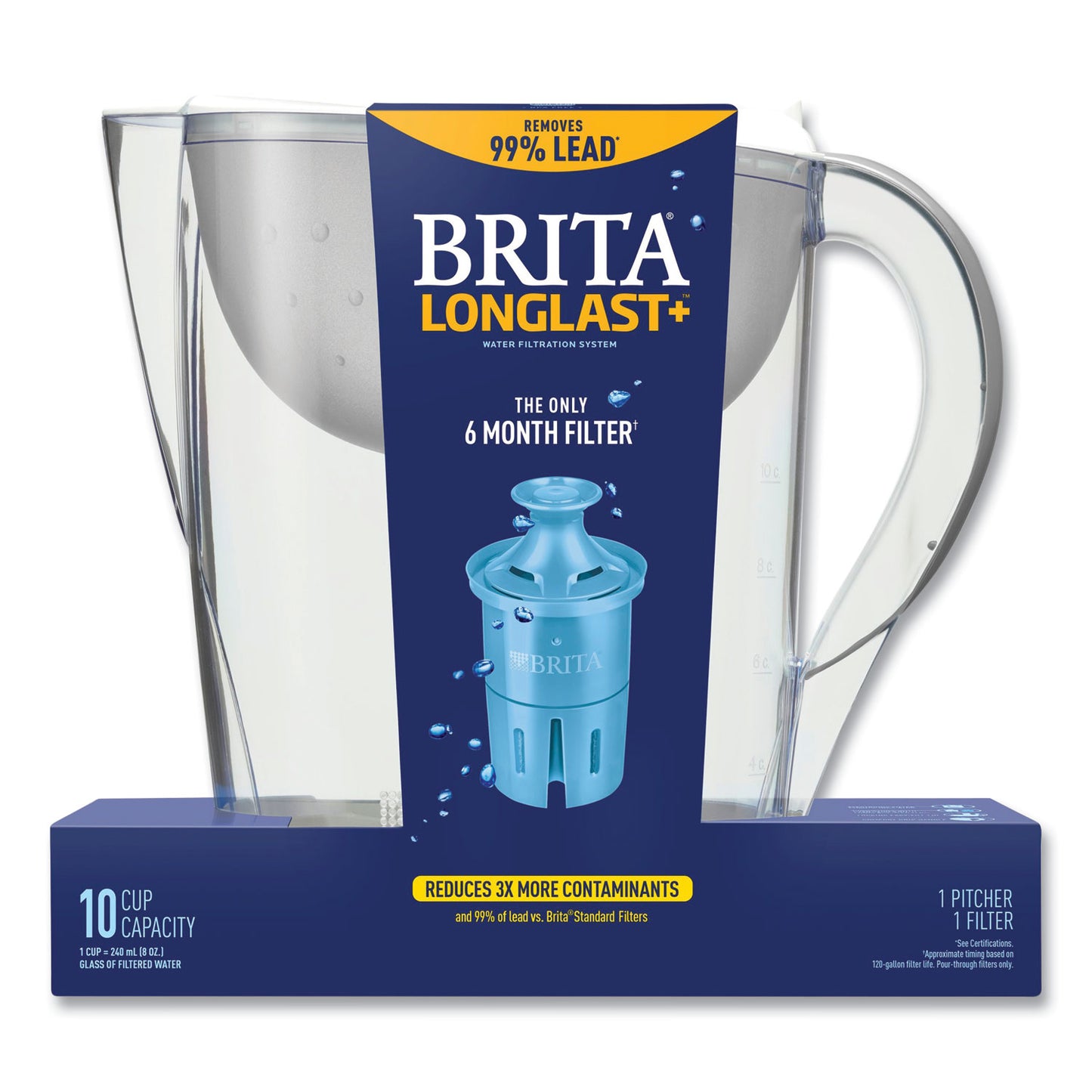 Brita® Pacifica Pitcher with Longlast+ Filter, 10 Cups, White/Clear (CLO36515)