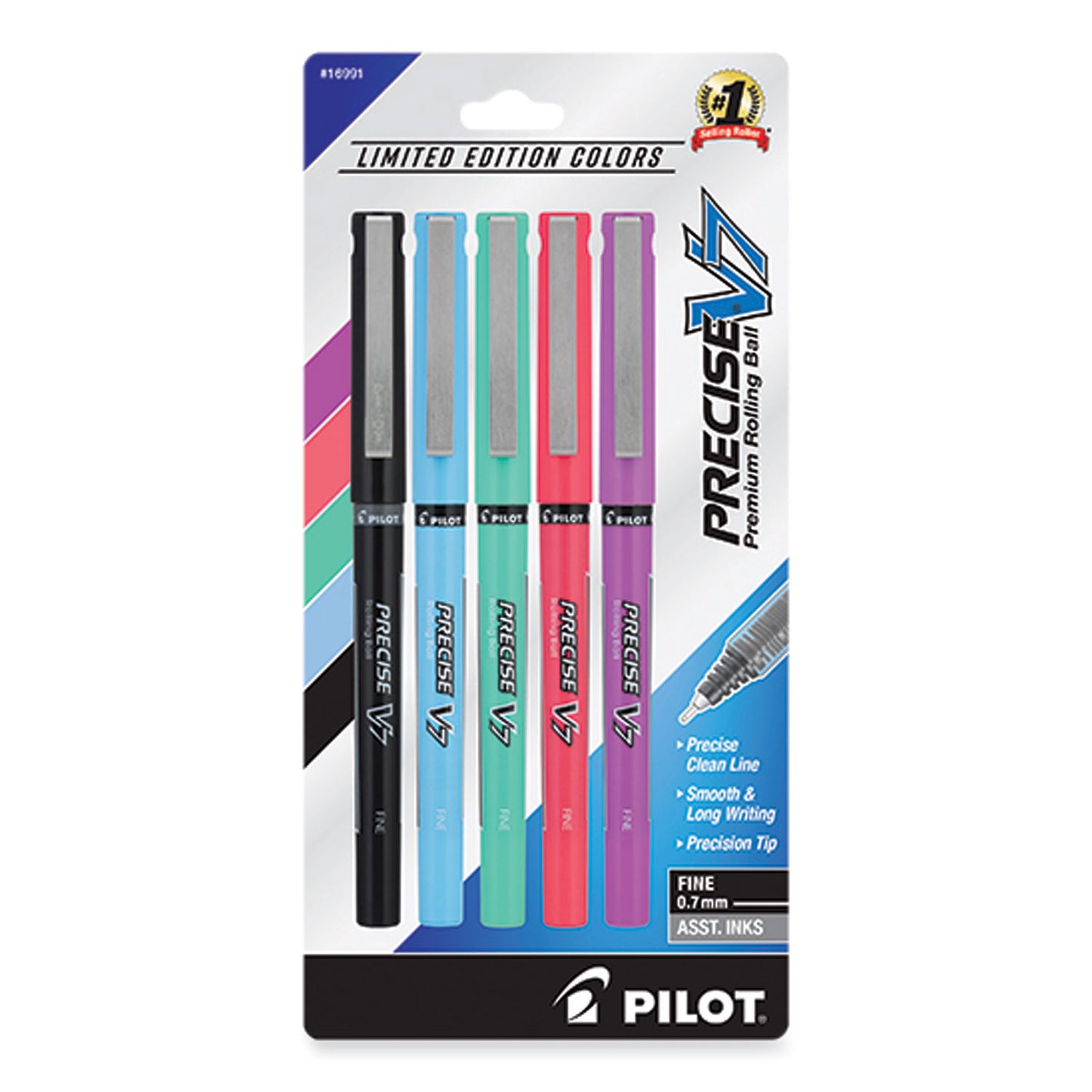 Pilot® Precise V7 Rollerball Pen, Stick, Fine 0.7 mm, Assorted Ink and Barrel Colors, 5/Pack (PIL16991)