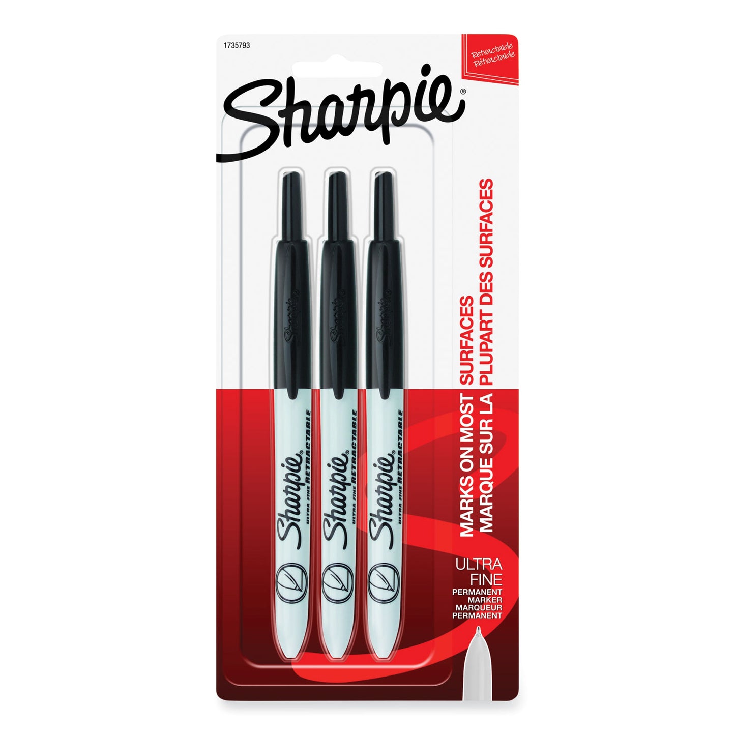 Sharpie® Retractable Permanent Marker, Extra-Fine Needle Tip, Black, 3/Pack (SAN1735793)
