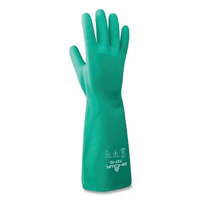 Showa Chemical-Protection Nitrile Gloves, 13 in Gauntlet Cuff, Unlined/Unsupported, Size 7/Small, Green, 15 mil Thick (845-727-07)