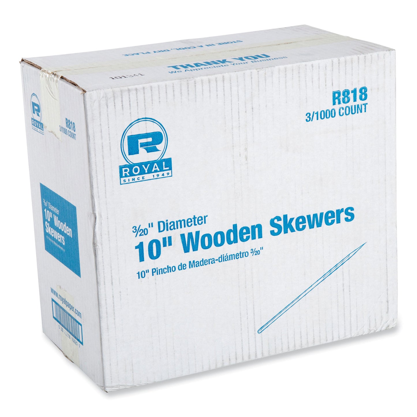 AmerCareRoyal® Wooden Skewers, 10", Natural, 1,000/Box, 3 Boxes/Carton (RPPR818)
