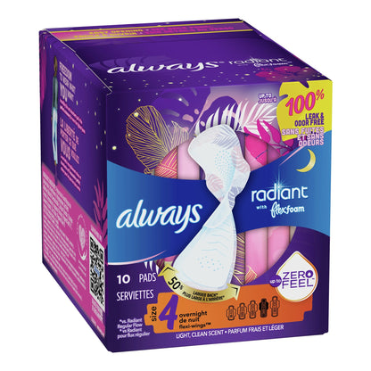 Always® Radiant with FlexFoam Feminine Pad Overnight / With Wings Heavy Absorbency (1231746_BX)