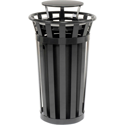 Global Industrial Outdoor Slatted Steel Trash Can With Rain Bonnet Lid, 24 Gallon, Black (WB260803BK)