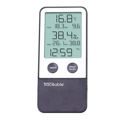 Traceable® Digital Thermometer / Hygrometer Fahrenheit / Celsius 32° to 122°F (0° to 50°C) Internal Sensor Flip-out Stand / Wall Mount Battery Operated (897971_EA)