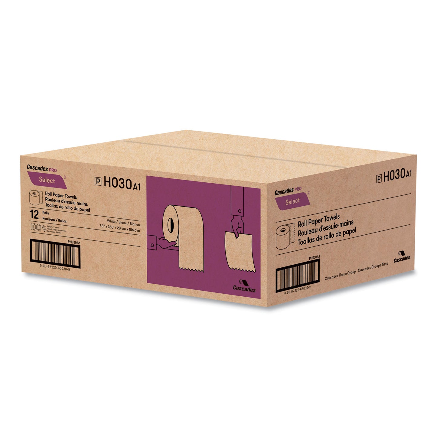 Cascades PRO Select Roll Paper Towels, 1-Ply, 7.88" x 350ft, White, 12 Rolls/Carton (CSDH030)