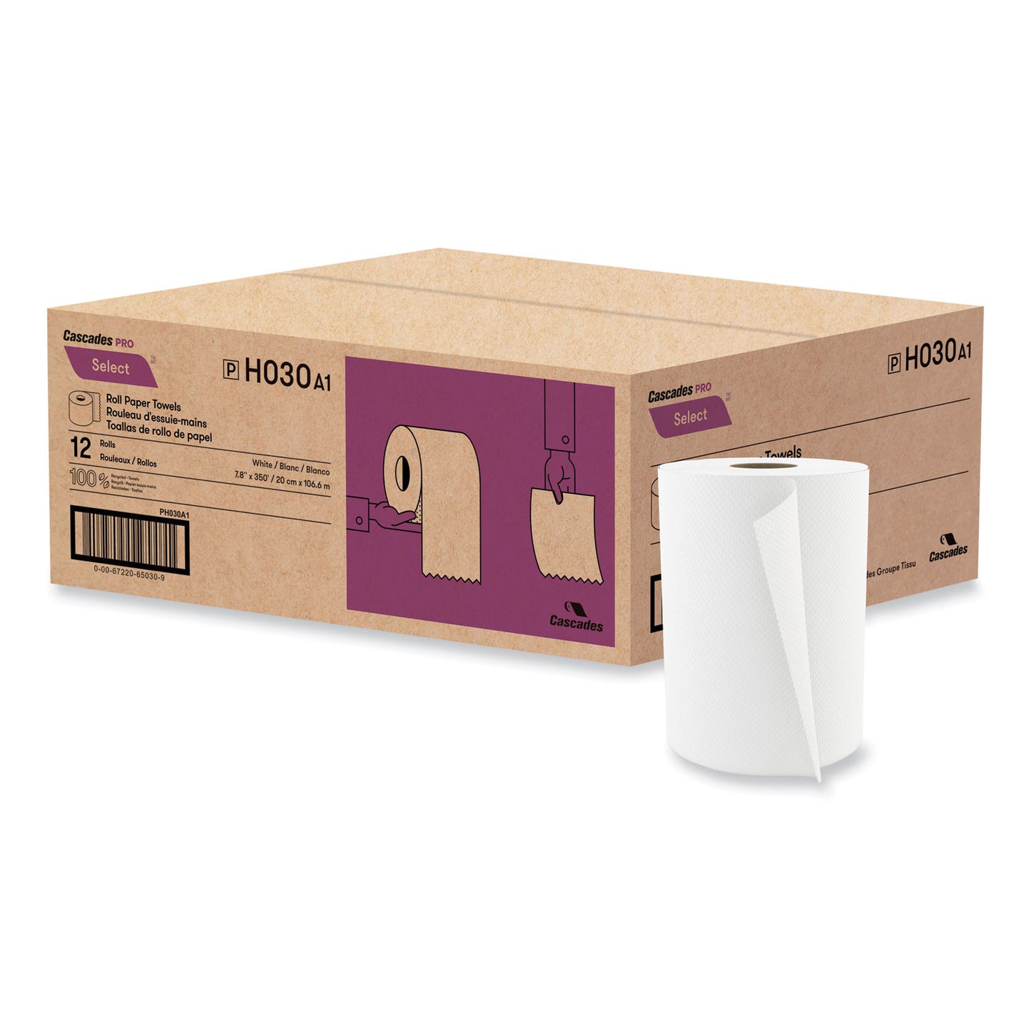 Cascades PRO Select Roll Paper Towels, 1-Ply, 7.88" x 350ft, White, 12 Rolls/Carton (CSDH030)