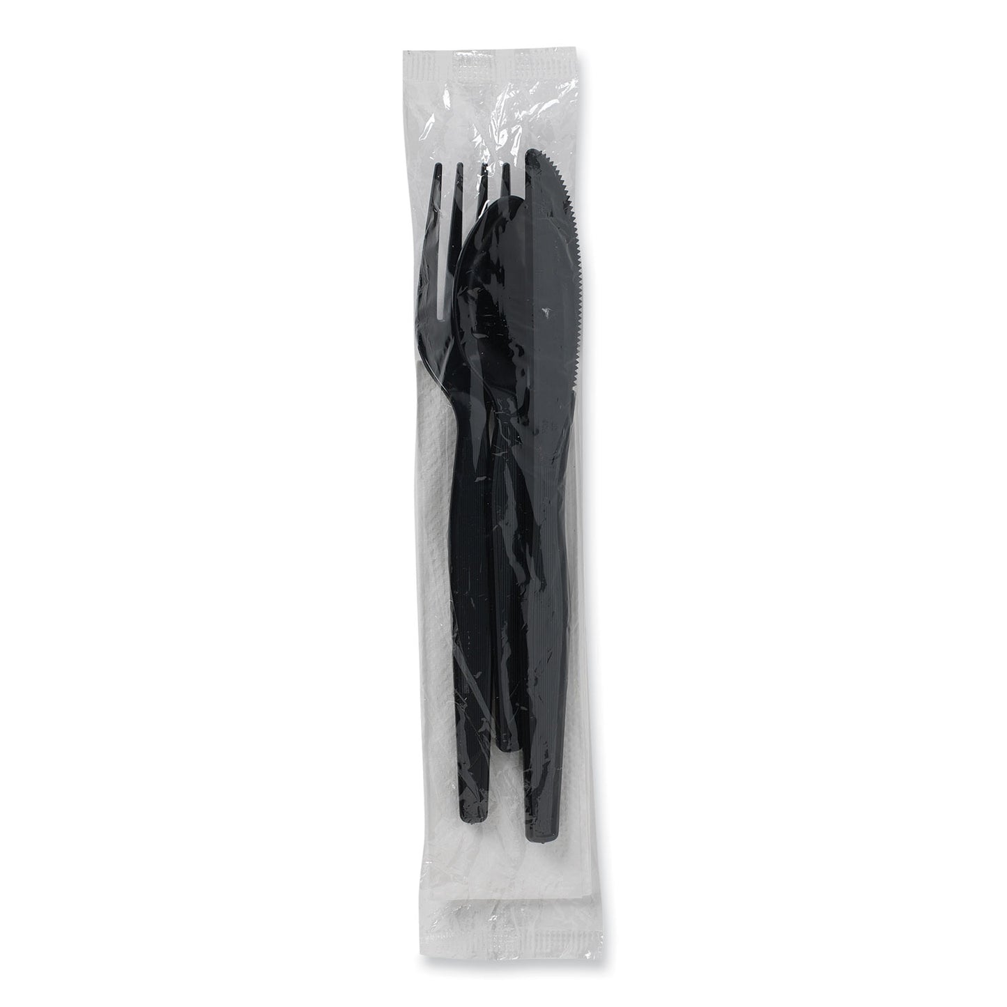 Dixie® Individually Wrapped Heavyweight Cutlery Set, Fork/Knife/Napkin/Spoon, Plastic, Black, 250/Carton (DXECH56NC7)