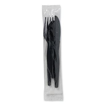 Dixie® Individually Wrapped Heavyweight Cutlery Set, Fork/Knife/Napkin/Spoon, Plastic, Black, 250/Carton (DXECH56NC7)