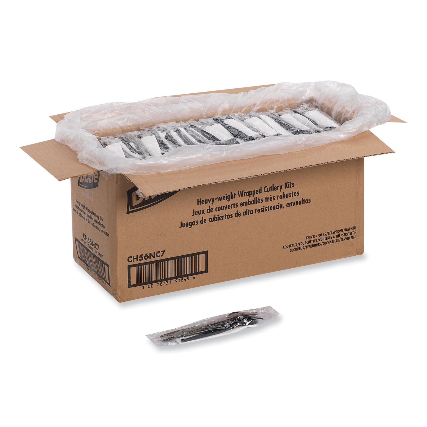 Dixie® Individually Wrapped Heavyweight Cutlery Set, Fork/Knife/Napkin/Spoon, Plastic, Black, 250/Carton (DXECH56NC7)