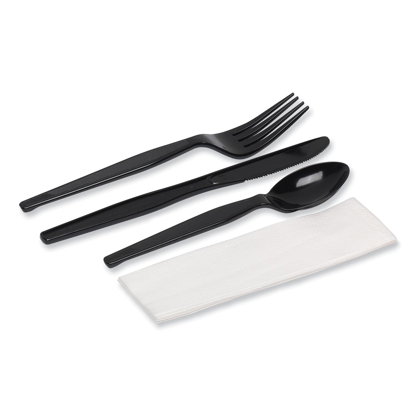 Dixie® Individually Wrapped Heavyweight Cutlery Set, Fork/Knife/Napkin/Spoon, Plastic, Black, 250/Carton (DXECH56NC7)