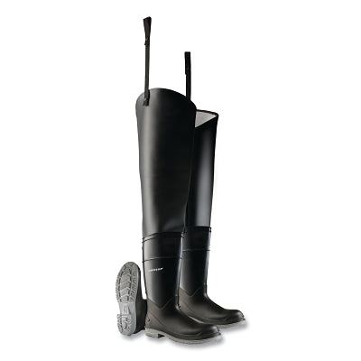 Dunlop® Protective Footwear Hip Waders, Plain Toe, Steel Shank, Men's 9, 32 in Inseam, Polyblend/PVC, Black (868-860550009)