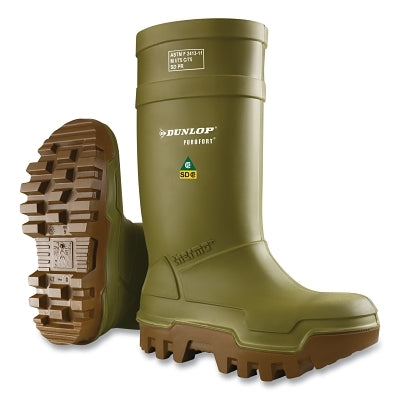 Dunlop® Protective Footwear Purofort® Thermo+ Rubber Boots, Steel Toe, Men's 10, 16 in Boot, Polyurethane, Green/Brown (868-E66284310)