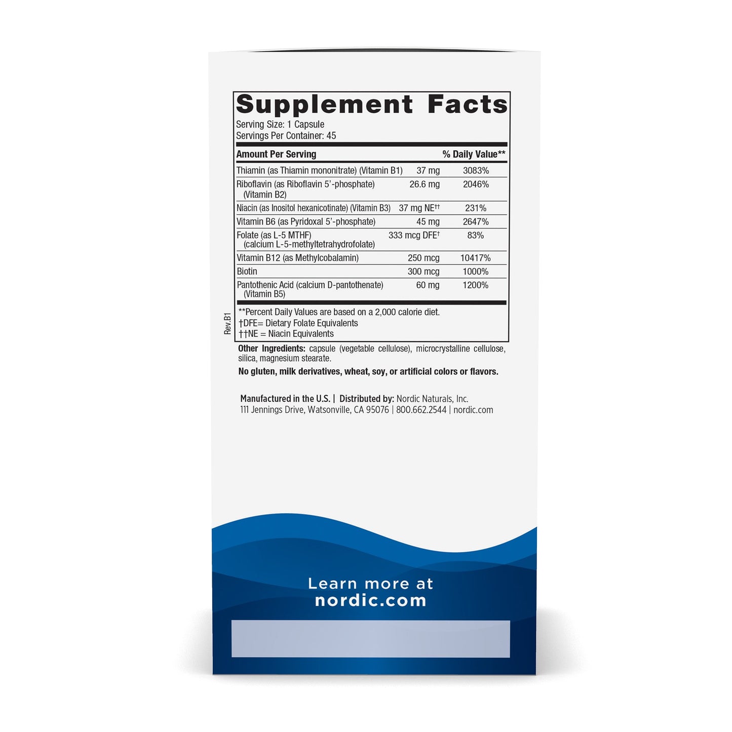 Nordic Naturals® Vitamin B Complex Dietary Supplement Vitamin B1 37 mg Strength Capsule 45 per Bottle (1264954_BT)