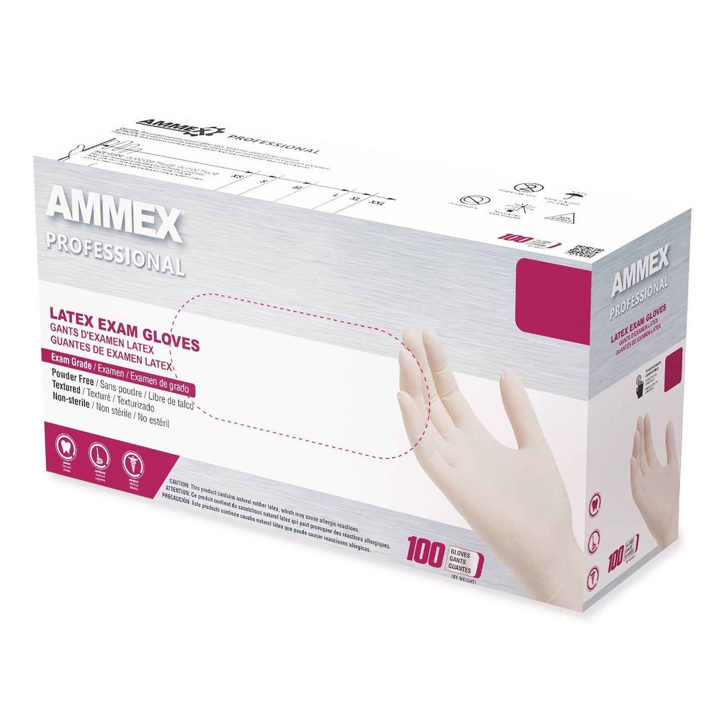 AMMEX® Professional Latex Exam Gloves, Powder-Free, Medium, 4 mil (Palm), 5 mil (Fingers), Ivory, 100/Box (AXCGPPFT44100)