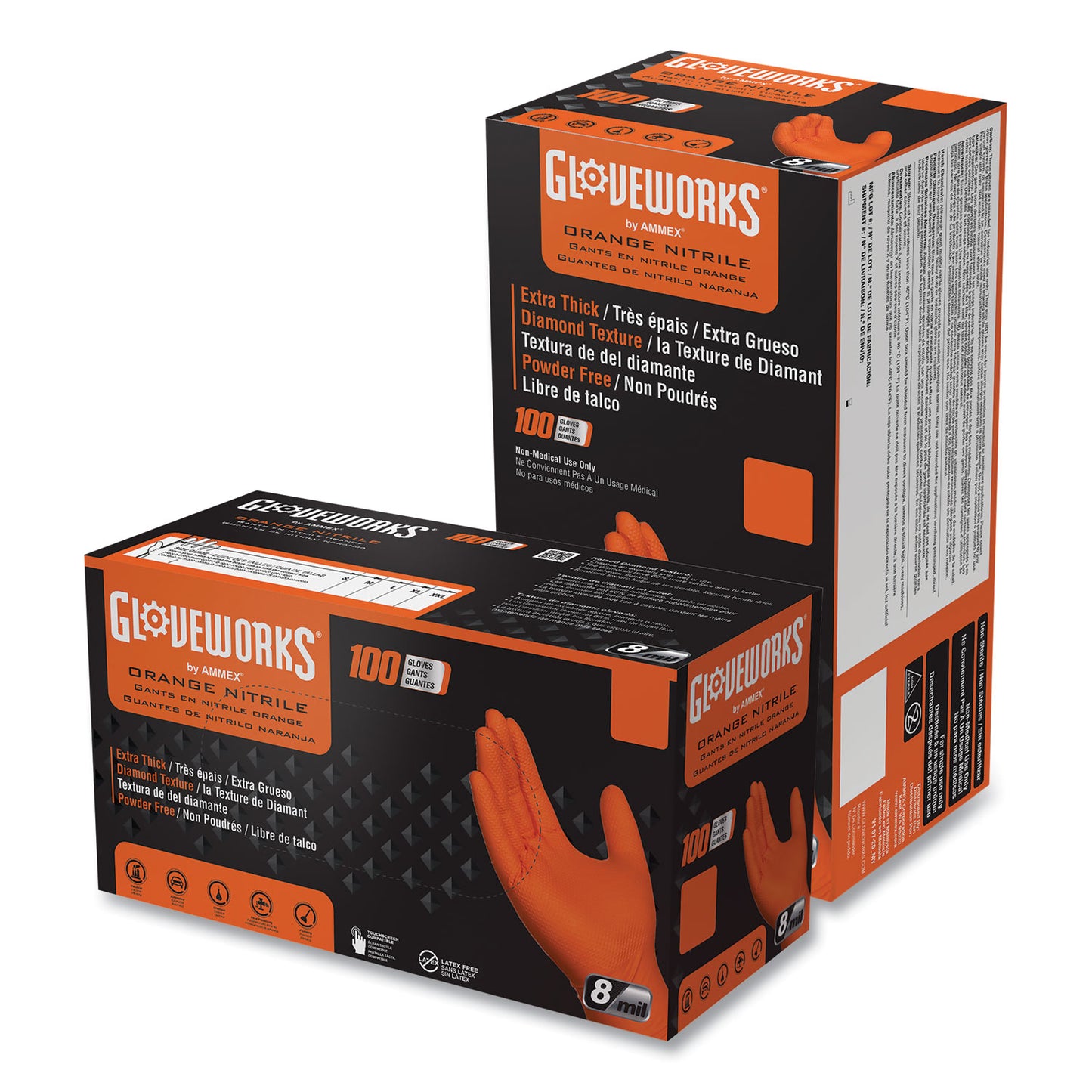 GloveWorks® by AMMEX® Heavy-Duty Industrial Nitrile Gloves, Powder-Free, Medium, 8 mil Thick, 9.5" Long, Orange, 100/Box (AXCGWON44100)