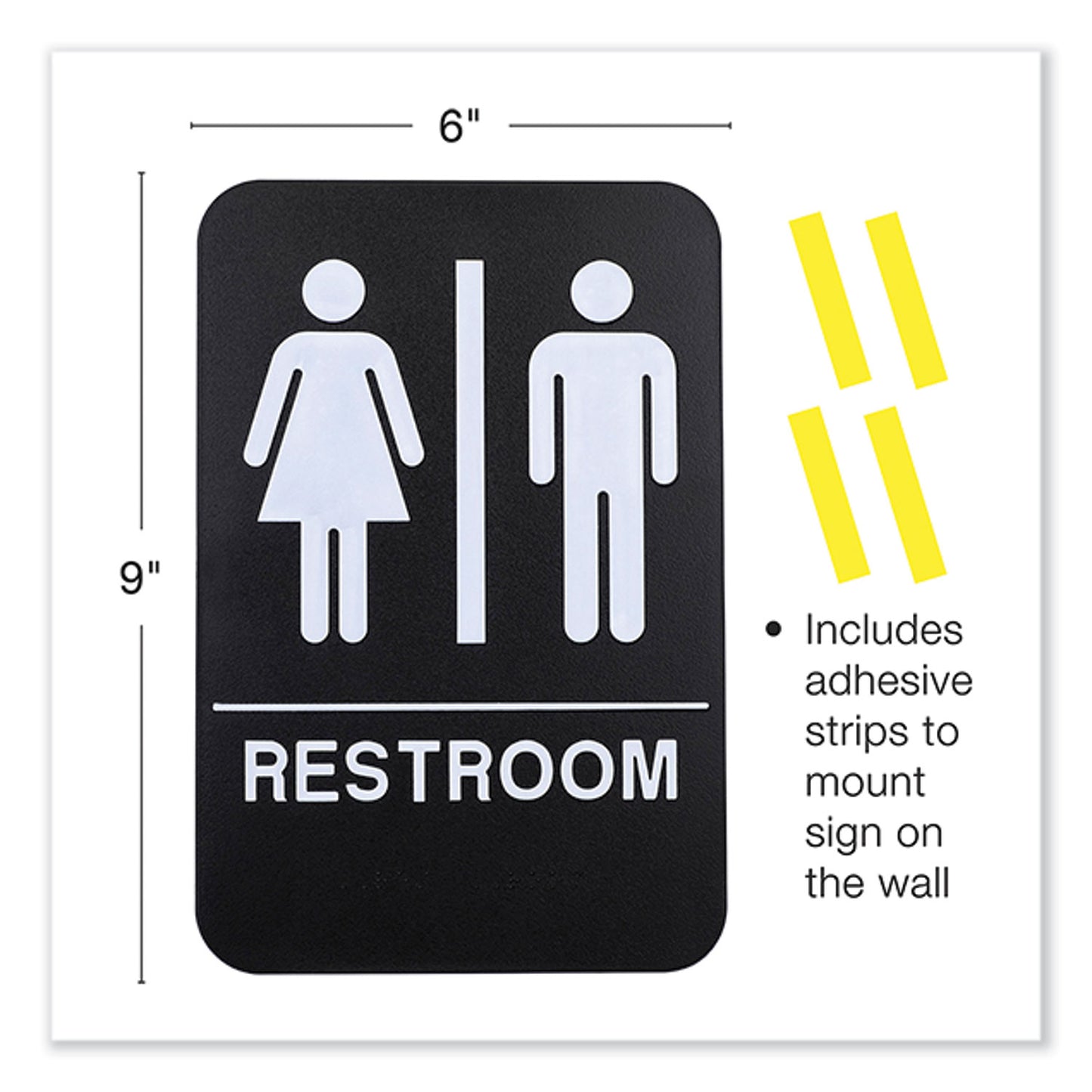 Excello Global Products® Indoor/Outdoor Restroom with Braille Text, 6 x 9, Black Face, White Graphics, 3/Pack (EXOHD0275S)