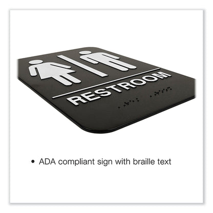 Excello Global Products® Indoor/Outdoor Restroom with Braille Text, 6 x 9, Black Face, White Graphics, 3/Pack (EXOHD0275S)