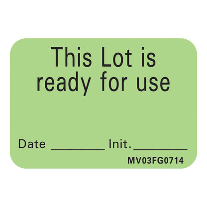 Barkley® Pre-Printed Label Auxiliary Label Green Plastic This Lot is ready for use, Date-Init Black Quality Control Label 1 X 1-7/16 Inch (489157_RL)
