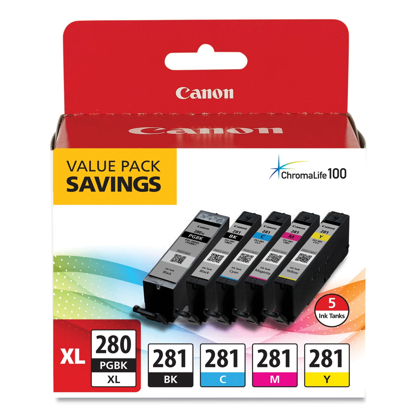 Canon® 2021C007 (CLI-281; PGI-280 XL) ChromaLife100+ Ink, Black XL/Black/Cyan/Magenta/Yellow, 5/Pack (CNM2021C007)