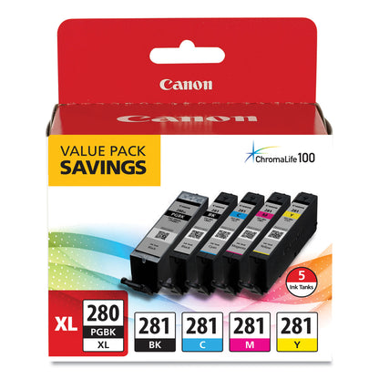 Canon® 2021C007 (CLI-281; PGI-280 XL) ChromaLife100+ Ink, Black XL/Black/Cyan/Magenta/Yellow, 5/Pack (CNM2021C007)