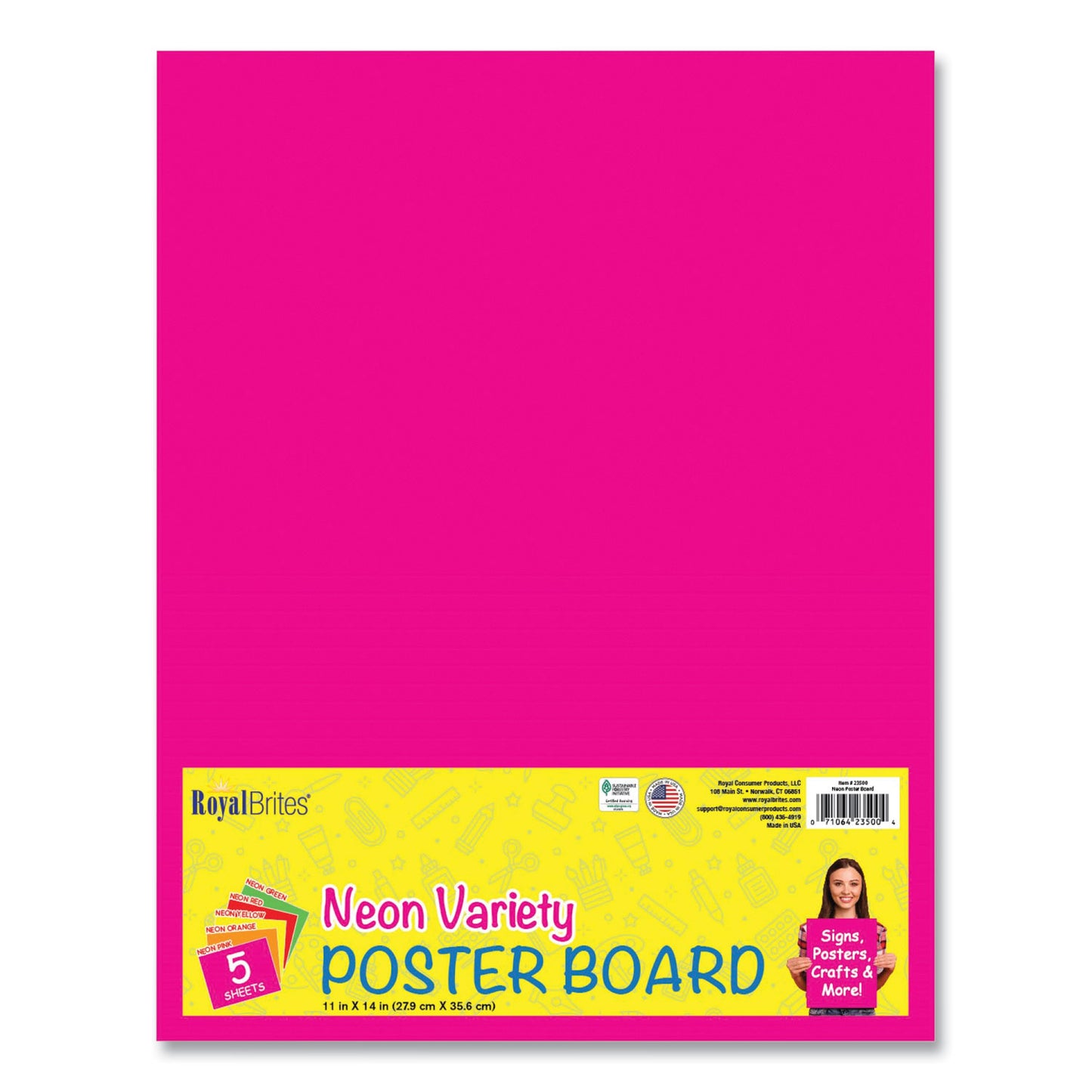Royal Brites Premium Coated Poster Board, 11" x 14", Assorted Neon Colors, 5/Pack (GEO23500S)
