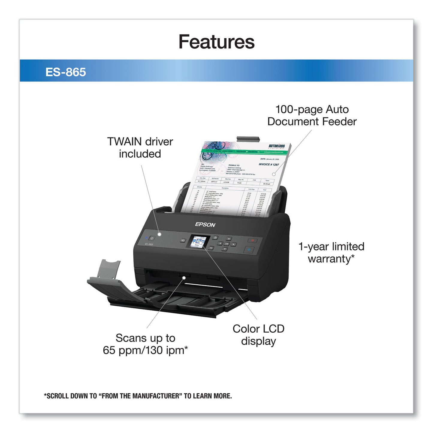 Epson® WorkForce ES-865 Color Duplex Document Scanner, 600 dpi Optical Resolution, 100-Sheet Duplex Auto Document Feeder (EPSB11B250202)