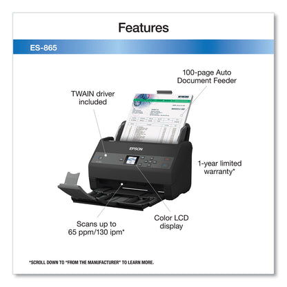 Epson® WorkForce ES-865 Color Duplex Document Scanner, 600 dpi Optical Resolution, 100-Sheet Duplex Auto Document Feeder (EPSB11B250202)