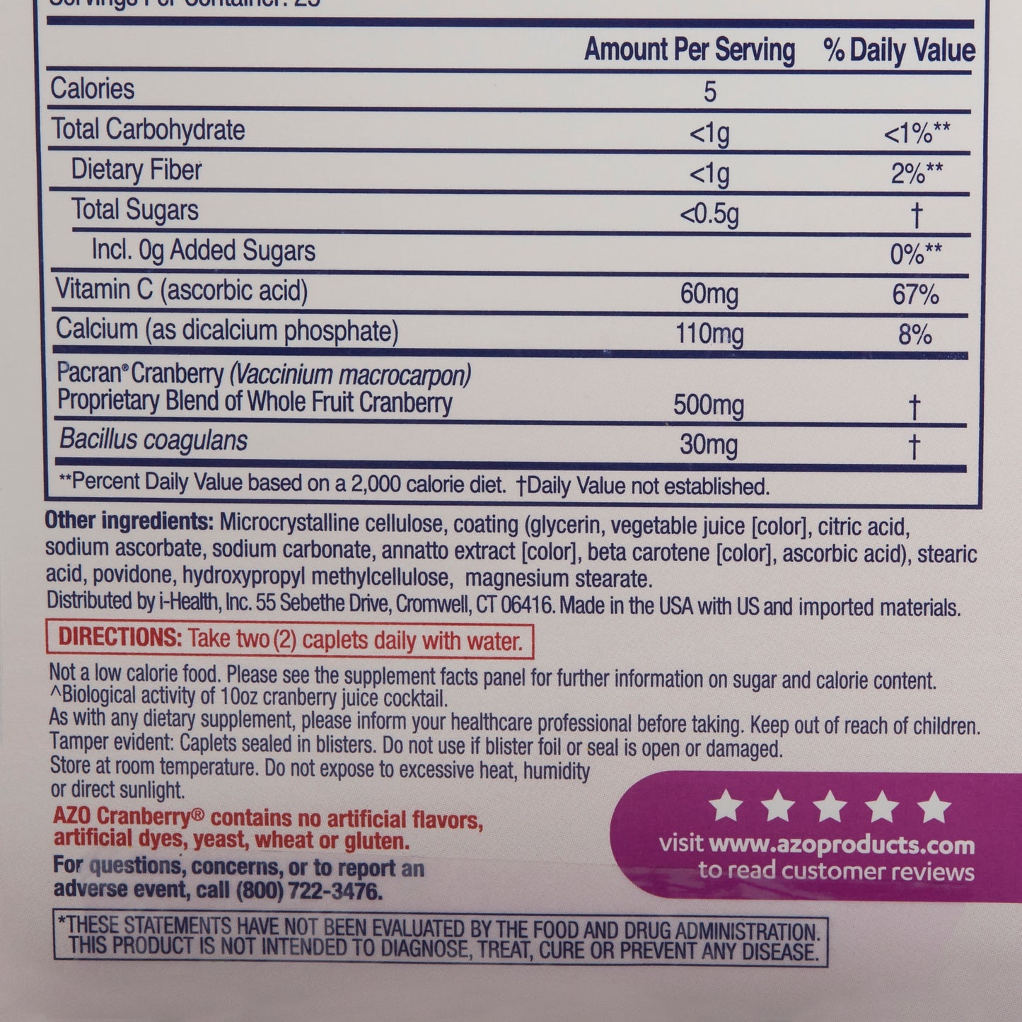 AZO® Urinary Pain Relief 60 mg - 110 mg - 500 mg - 30 mg Strength Vitamin C / Calcium / Cranberry / Bacillus Coagulans Tablet 50 per Box (884458_BX)