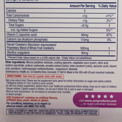 AZO® Urinary Pain Relief 60 mg - 110 mg - 500 mg - 30 mg Strength Vitamin C / Calcium / Cranberry / Bacillus Coagulans Tablet 50 per Box (884458_BX)