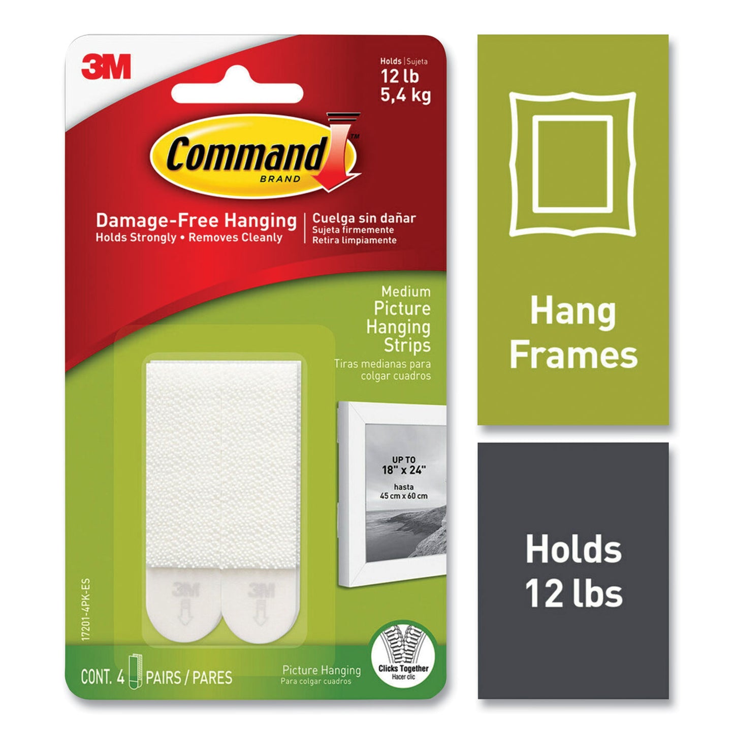 Command™ Damage-Free Hanging Picture Hanging Strip Pairs, Holds Up to 2.5 lb, Medium: 0.75" x 2.75", 4/Pack (MMM70006903648)