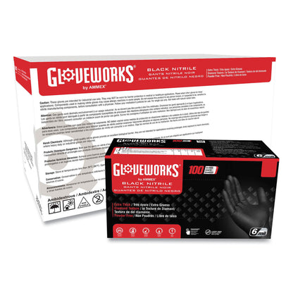 GloveWorks® by AMMEX® Heavy-Duty Industrial Nitrile Gloves, Powder-Free, Medium, 6 mil Thick, 9.5" Long, Black, 100/Box, 10 Boxes/Carton (AXCGWBN44100)