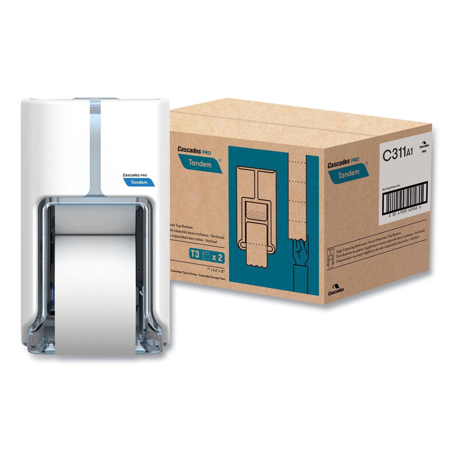 Cascades PRO Tandem No Touch High Capacity Bath Tissue Dispenser, 7 x 6.6 x 12, White (CSDC311)