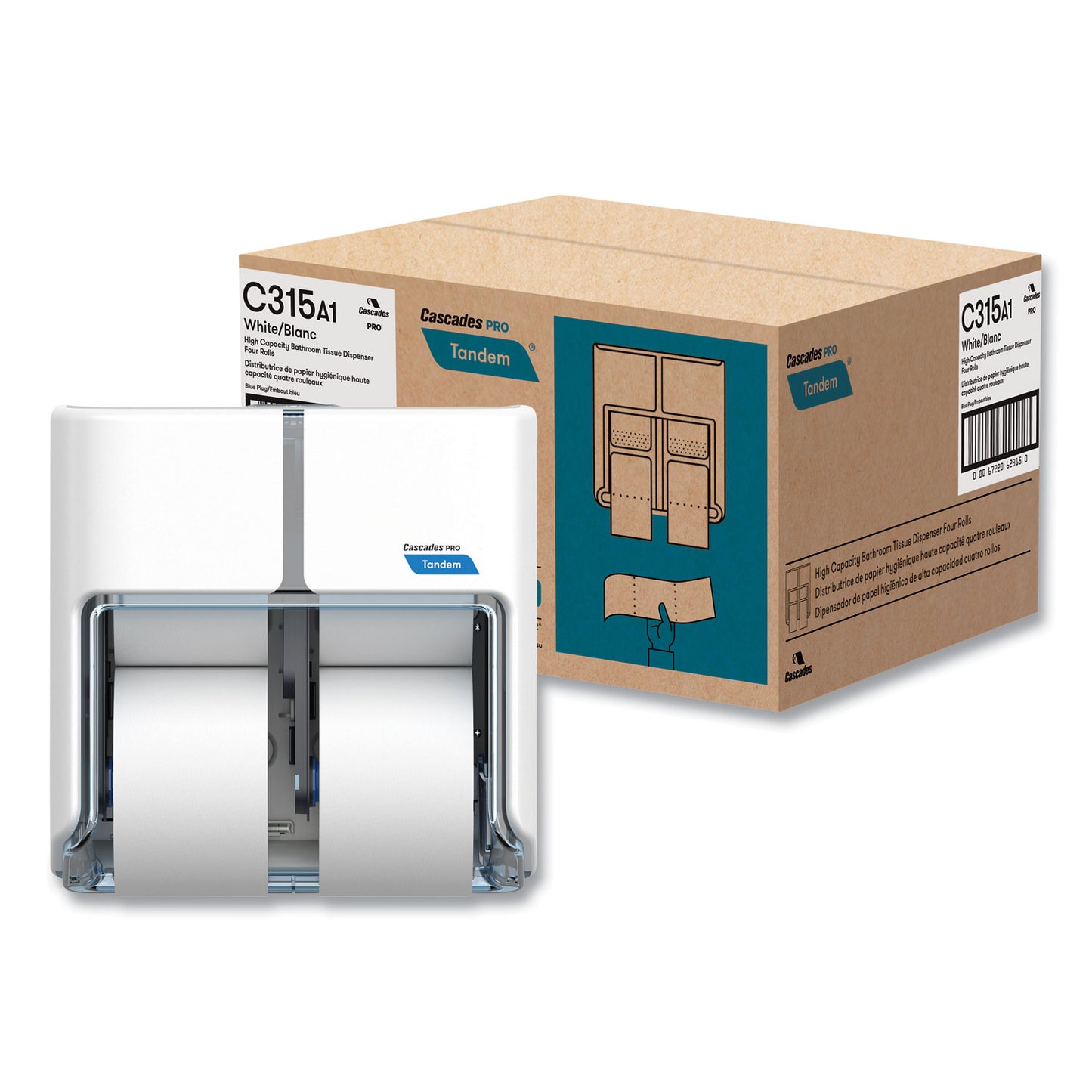 Cascades PRO Tandem No Touch High Capacity Bath Tissue Dispenser, 12.6 x 6.6 x 12, White (CSDC315)