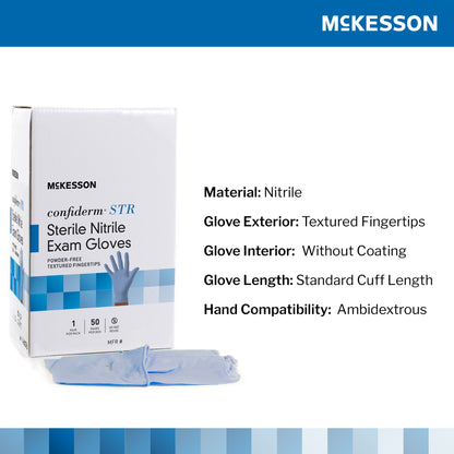 McKesson Confiderm® STR Exam Glove Small Sterile Pair Nitrile Standard Cuff Length Textured Fingertips Blue Not Rated (1065405_PR)