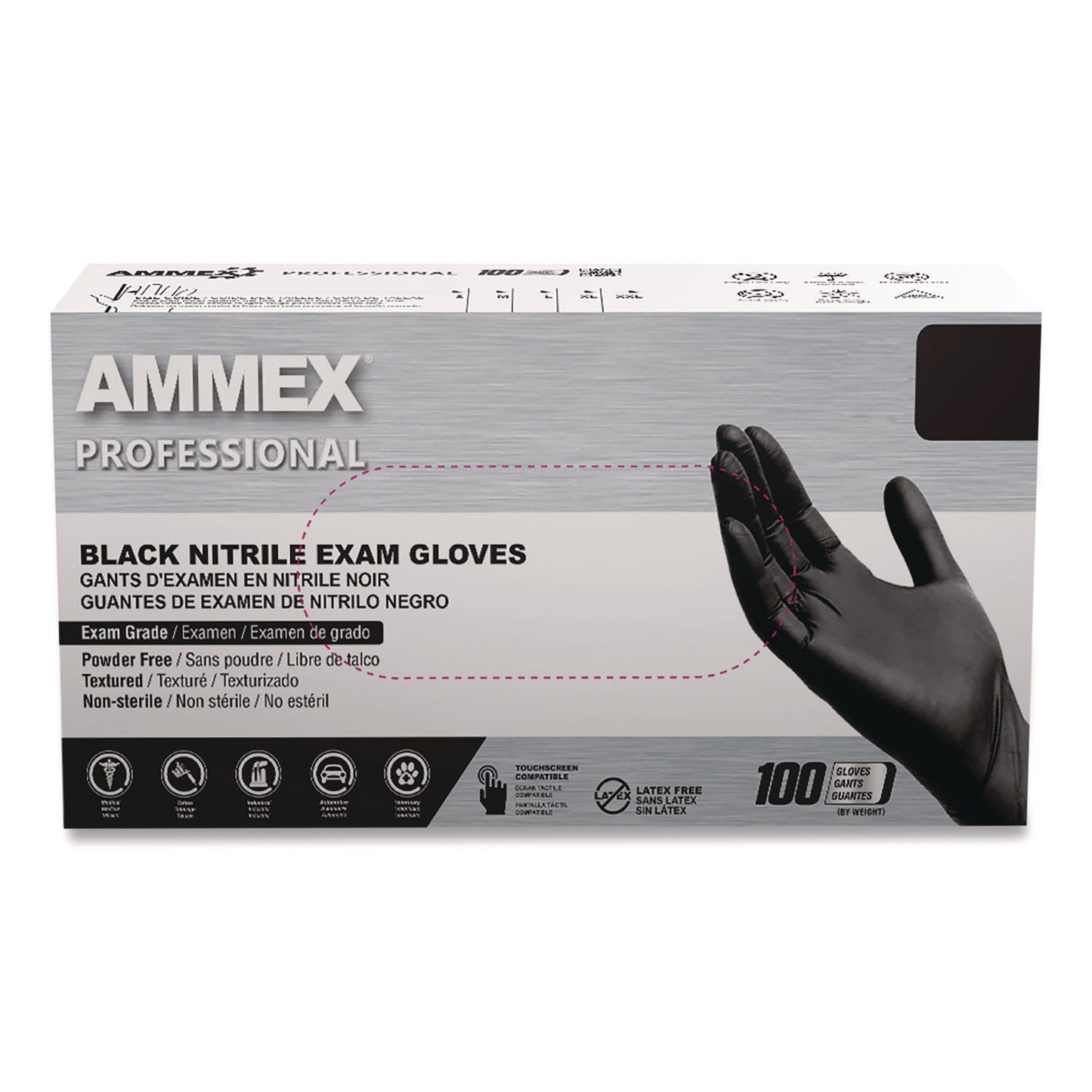 AMMEX® Professional Nitrile Exam Gloves, Powder-Free, Medium, 3 mil Thick, 9.5" Long, Black, 100/Box, 10 Boxes/Carton (AXCABNPF44100CT)
