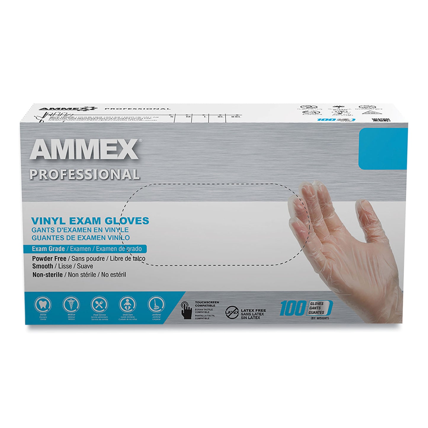 AMMEX® Professional Vinyl Exam Gloves, Powder-Free, Small, 3 mil Thick, 9.5" Long, Clear, 100/Box, 10 Boxes/Carton (AXCVPF62100T)