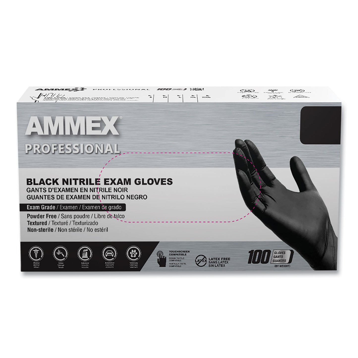 AMMEX® Professional Nitrile Exam Gloves, Powder-Free, X-Large, 3 mil Thick, 9.5" Long, Black, 100/Box, 10 Boxes/Carton (AXCABNPF48100CT)