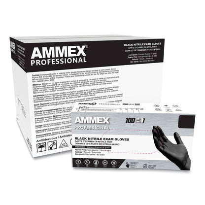 AMMEX® Professional Nitrile Exam Gloves, Powder-Free, Small, 3 mil Thick, 9.5" Long, Black, 100/Box, 10 Boxes/Carton (AXCABNPF42100)