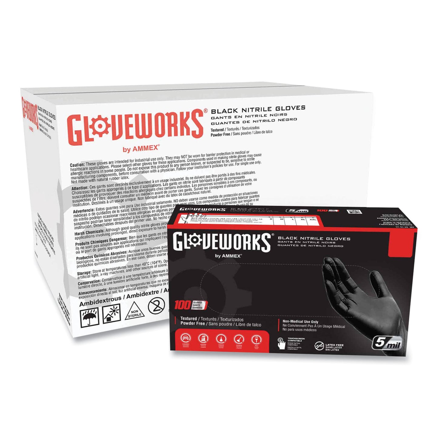 GloveWorks® by AMMEX® Industrial Nitrile Gloves, Powder-Free, Large, 5 mil Thick, 9.5" Long, Black, 100/Box, 10 Boxes/Carton (AXCGPNB46100)