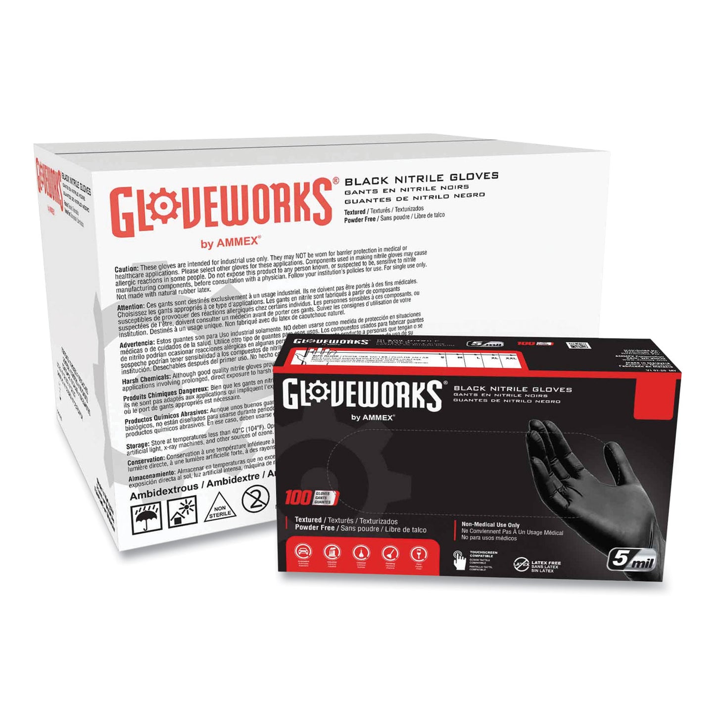 GloveWorks® by AMMEX® Industrial Nitrile Gloves, Powder-Free, Medium, 5 mil Thick, 9.5" Long, Black, 100/Box, 10 Boxes/Carton (AXCGPNB44100)